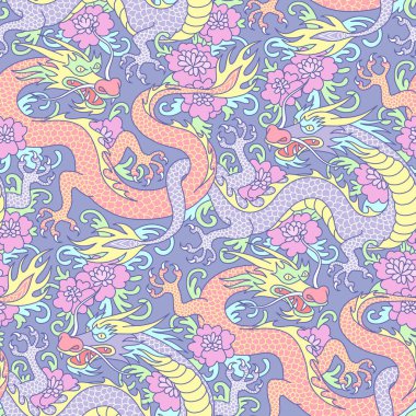 Mavi ve kırmızı ejderha mücadele çiçeklenir. Tekstil ve decoratio için seamless modeli