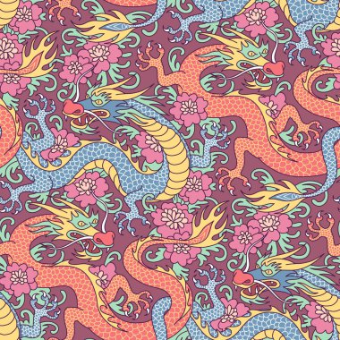 Mavi ve kırmızı ejderha mücadele çiçeklenir. Tekstil ve decoratio için seamless modeli