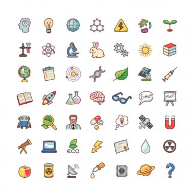Nesneler ve simgeler için bilim topluluğu. Beyaz arka plan üzerinde izole karikatür simgeler kümesi.