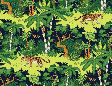 Leopar ormanda yürüyüş. Tekstil, tasarım ve decoratio için seamless modeli