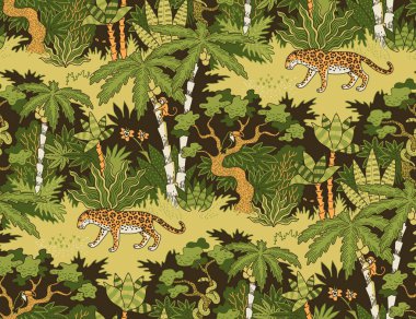 Leopar ormanda yürüyüş. Tekstil, tasarım ve decoratio için seamless modeli