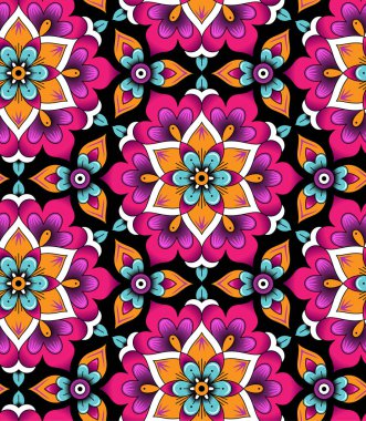 Marrakesh siyah arka plan üzerine çiçek rozetler. Senin tasarı için soyut seamless modeli