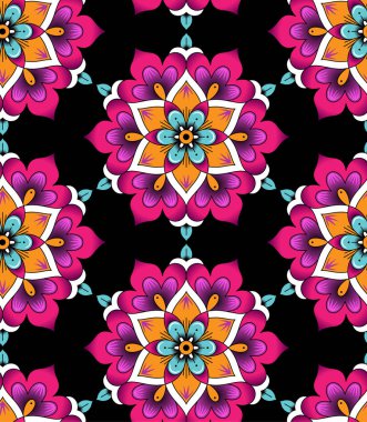 Siyah arka plan üzerine Pembe çiçek rozetler. Senin tasarı için soyut seamless modeli