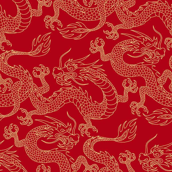 Chinese Dragons Fighting Gold Outlines Red Seamless Pattern Textile Decoratio — Stock Vector