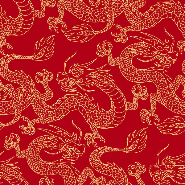 Chinese dragons fighting, gold outlines on red. Seamless pattern for textile and decoratio