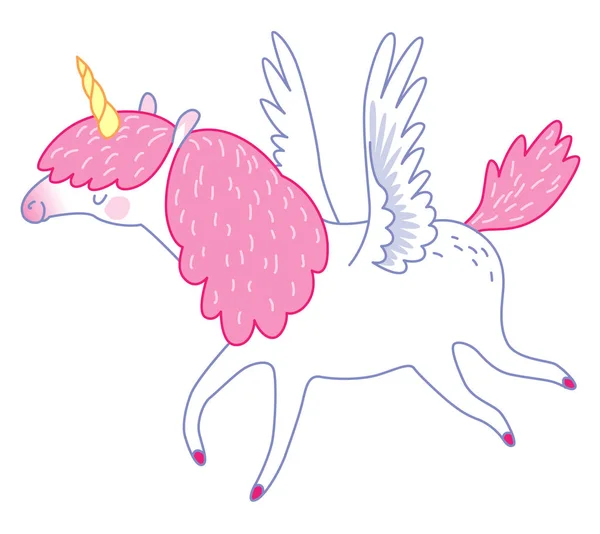 Unicornio Volador Lindo Personaje Dibujos Animados Aislado Fondo Blanco — Archivo Imágenes Vectoriales