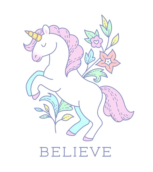 Unicornio Blanco Rama Floral Linda Ilustración Dibujos Animados Aislados Fondo — Archivo Imágenes Vectoriales