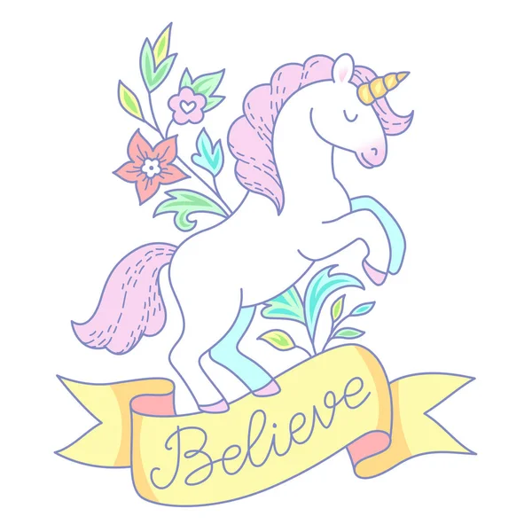 Unicornio Blanco Rama Floral Lindo Personaje Dibujos Animados Aislado Fondo — Archivo Imágenes Vectoriales