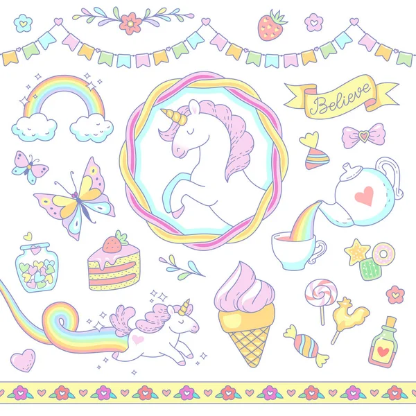 Kreskówki Jednorożce Słodycze Rainbow Białym Tle Zestaw Ładny Symbole Elementów — Wektor stockowy
