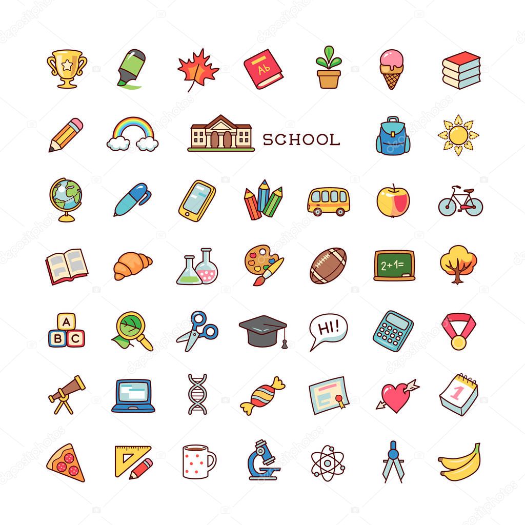 Collection of objects and symbols for school. Set of cartoon icons isolated on white background.