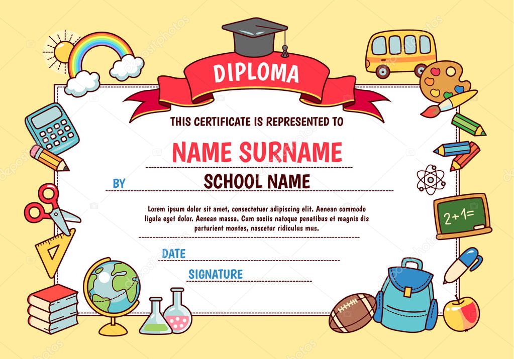 Diploma for elementary school. Cute template with frame of cartoon school objects and symbols on yellow backgroun