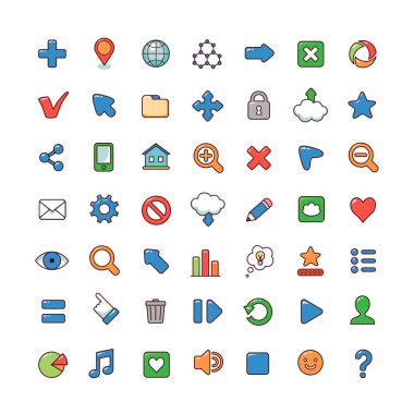 Beyaz arka plan üzerinde izole karikatür simgeler kümesi.