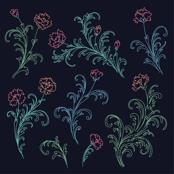 Conjunto Elementos Florales Estilo Barroco Sobre Fondo Azul Oscuro — Vector de stock