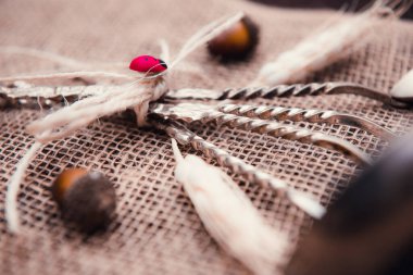 Hassas sicim, buğday, meşe palamudu ve uğur böceği ile süslenmiş bir çuval bezinin üzerinde duran ahşap bir masa üzerindeki çatal bıçak seti (kaşıklar ve kepçe)