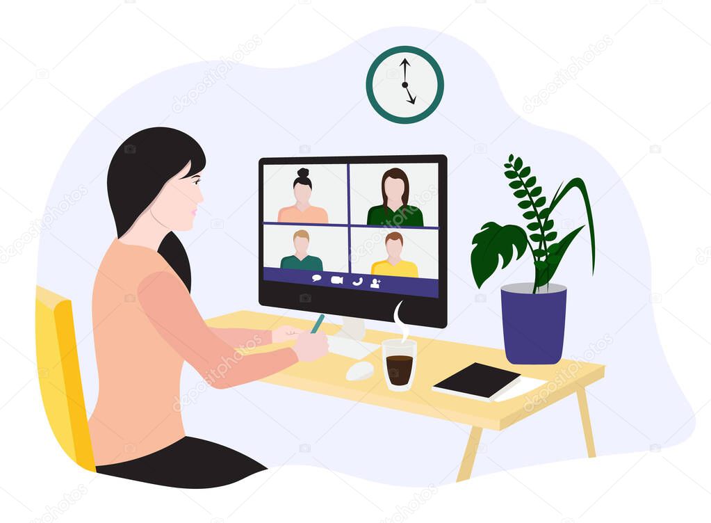 video conference meeting, vector illustrations, group, chat, talking, work at home,