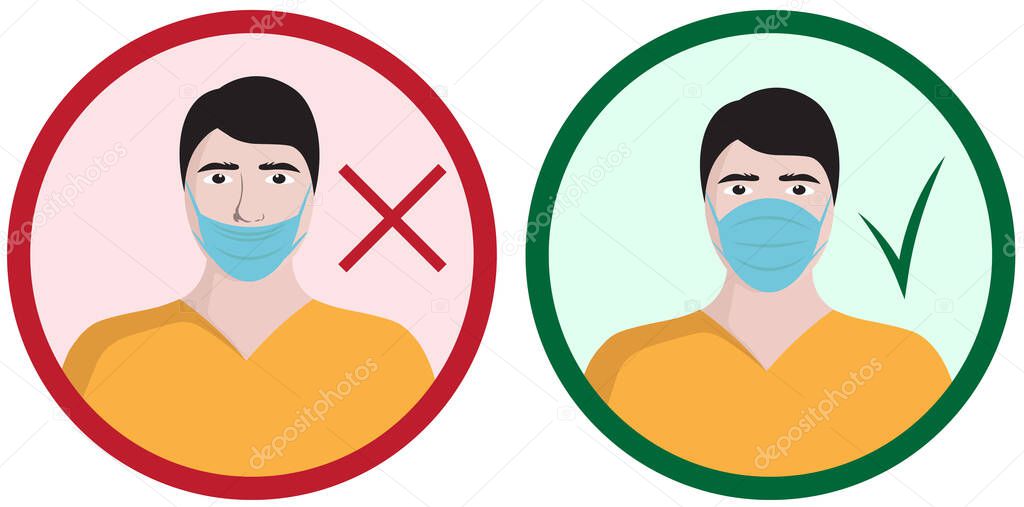 icon, how to wear face mask, wrong and right, male face, 