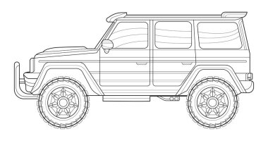 Kitap ve çizim için boyama sayfası. Vektör illüstrasyonu kavramı. Off-road aracı. Grafik elementi. Araba tekerleği. Siyah hatlı çizim beyaz arkaplanda izole edilmiş..