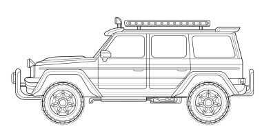Kitap ve çizim için boyama sayfası. Vektör illüstrasyonu kavramı. Off-road aracı. Grafik elementi. Araba tekerleği. Siyah hatlı çizim beyaz arkaplanda izole edilmiş..