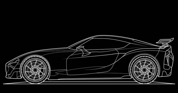 本や図面のためのアダルトラインイラストページ 面白いベクトル画像 高速ドライブ車 グラフィック要素 車のホイール 白い輪郭線のスケッチは黒の背景に隔離された — ストックベクタ