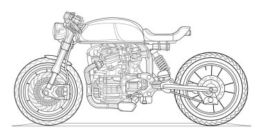 Kitap ve çizim için yetişkin motosiklet boyama sayfası. Kafe tarzı. Yarış. Moto vektör çizimi. Yüksek hızlı sürüş aracı. Grafik elementi. Siyah hatlı çizim beyaz arkaplanda izole edilmiş.