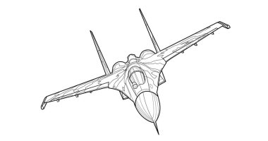 Kitap ve çizim için yetişkin askeri jet boyama sayfası. Uçak. Savaş uçağı. Uçak. Vektör çizimi. Araç. Grafik elementi. Uçak. Siyah hatlı çizim beyaz arkaplanda izole edilmiş.