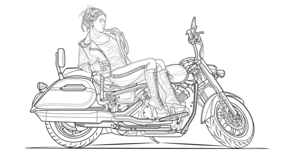 Dziewczyna Motocyklu Dorosłych Kolorowanki Udar Bez Wypełnienia Klasyczny Rower Ilustracja — Wektor stockowy