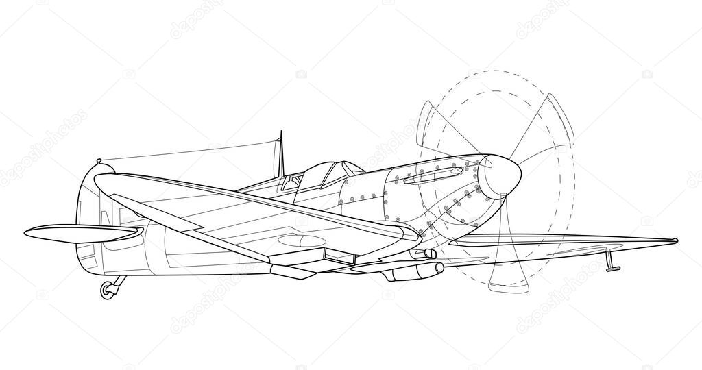 Lineart adult military aircraft coloring page for book and drawing. Airplane. Vector illustration. Vehicle. Graphic element. Plane. Black contour sketch illustrate Isolated on white background.