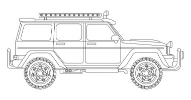 Vektör hattı sanat arabası, konsept tasarım. Aracın siyah hatları çizim çizimi beyaz arkaplanda izole edilmiş. Dolu olmayan bir vuruş. Korku çizimi. Siyah-beyaz simgesi.