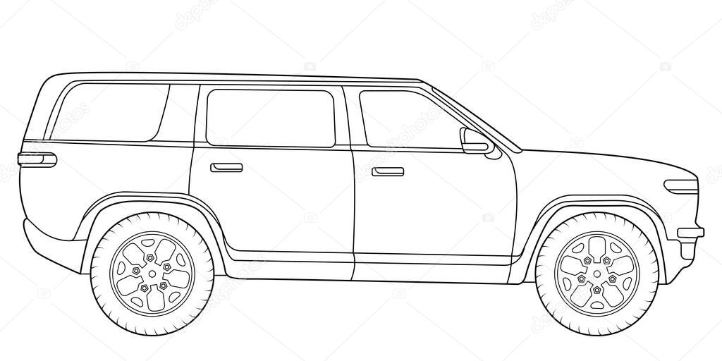 Vector line art car, concept design. Vehicle black contour outline sketch illustration isolated on white background. Stroke without fill. Cower drawing. Black-white icon.