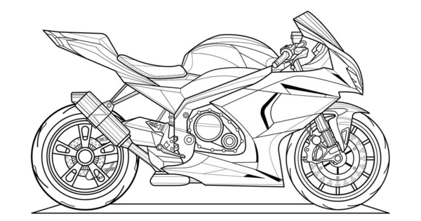 本や図面のための大人のオートバイのベクトルイラスト着色ページ 記入せずにラインアート レースだ 高速車両 グラフィック要素 黒の輪郭線のスケッチは白の背景に隔離された — ストックベクタ