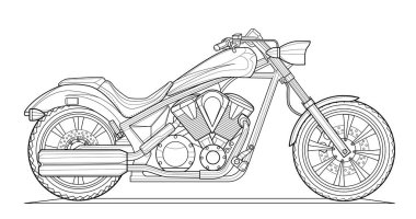 Yetişkinlerin kitap çizmeleri için klasik motosiklet vektör resimleme sayfası. Çizgi resim. Yüksek hızlı araç. Grafik elementi. Siyah hatlı çizim beyaz arkaplanda izole edilmiş.