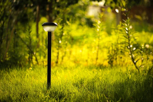 플라스틱 정원 손전등 정원 녹색 잔디에서 지상에 서. 그것은 노란 빛이 빛나고. 여름 분위기 이미지. — 스톡 사진