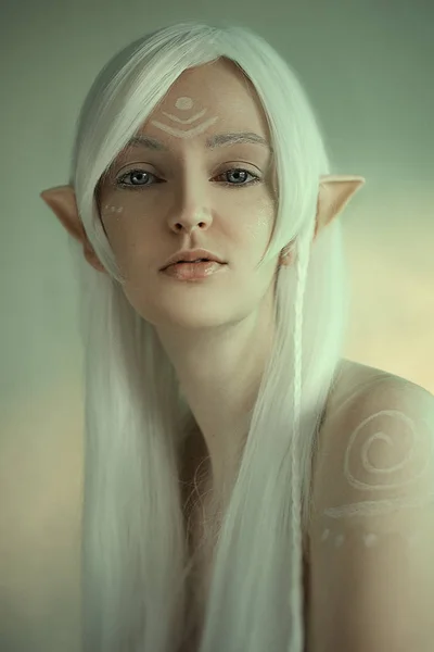 fantezi görüntü bir elfin kız Güzellik Portresi. Beyaz saç ve faceart. Uzun Elf kulakları. Fairy Tail.
