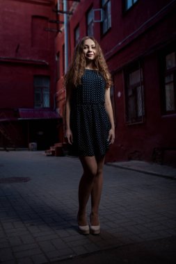 Elbise ve sokakta yürüyen güzel esmer genç kadın. Metin ve tasarım için işaret fişeği. Şehirde yaşam tarzı.