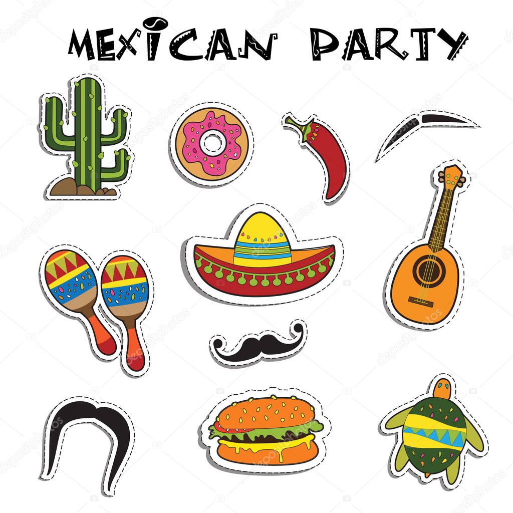 Mexican party sticker applique set. Vector illustration.