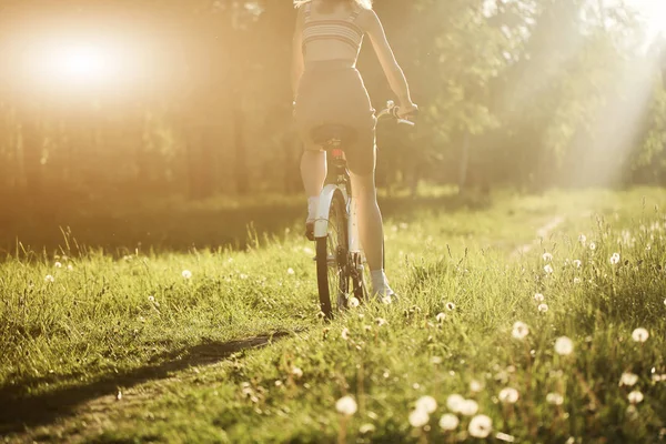 Забавная девушка водит велосипед на открытом воздухе. Солнечный летний образ жизни. Женщина в платье и шляпе в поле с одуванчиками. Женская прогулка в парке. Легкий фотоэффект для текста. Копировальное пространство для дизайна . — стоковое фото