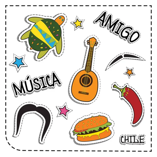 Applique adesivo partito messicano. Stile messicano. Set illustrazione vettoriale. musica significa musica. amigo significa amico, chile significa peperoncino — Vettoriale Stock