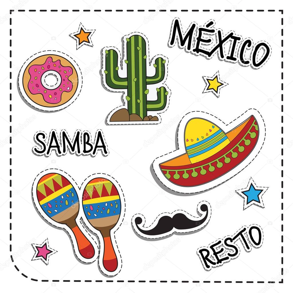 Mexican party sticker applique. Mexico style. Vector illustration set.