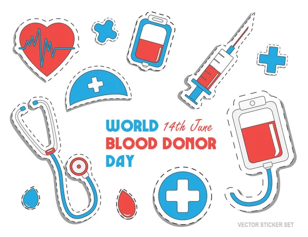 Dia mundial do dador de sangue. Férias internacionais. doar sangue e salvar a vida. A doação dá amor. Conjunto de adesivos para ilustração vetorial. Pacote de ícones para design — Vetor de Stock