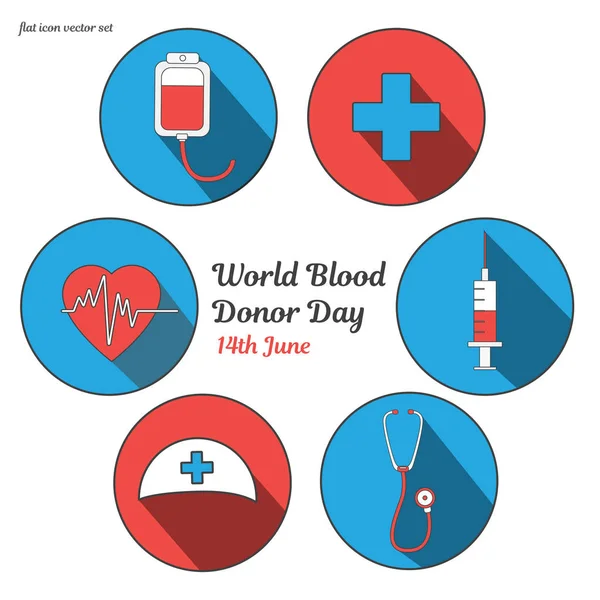 Dia mundial do dador de sangue. Férias internacionais. doar sangue e salvar a vida. A doação dá amor. Conjunto de adesivos para ilustração vetorial. Pacote de ícones planos para design — Vetor de Stock