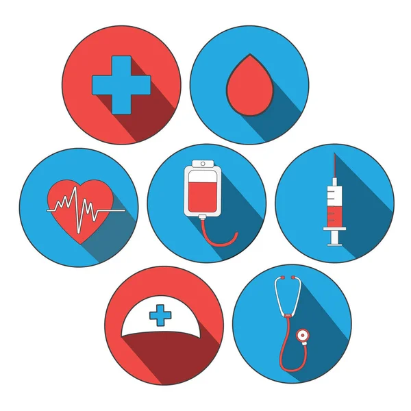 Icono de medicina conjunto plano. Día Mundial del Donante de Sangre, Doctor Day. Pegatinas para el diseño del sitio. Concepto médico . — Archivo Imágenes Vectoriales