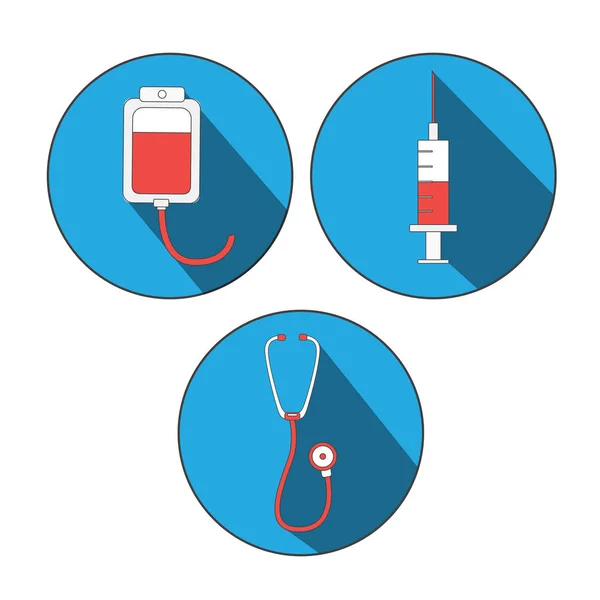 Icono de medicina conjunto plano. Día Mundial del Donante de Sangre, Doctor Day. Pegatinas para el diseño del sitio. Concepto médico . — Archivo Imágenes Vectoriales