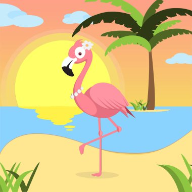 Yaz arka plan dalgalar, bulutlar ve palmiye ağacı ile gün batımında sahilde horizont, pembe flamingo ile. Sahil görünümü poster. vektör çizim. Düz tasarım