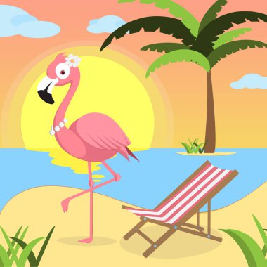 Pembe flamingo ve kırmızı beyaz tembel, dalgalar, bulutlar ve palmiye ağacı ile gün batımında sahilde horizont, yaz arka plan. Sahil görünümü poster. vektör çizim. Düz tasarım