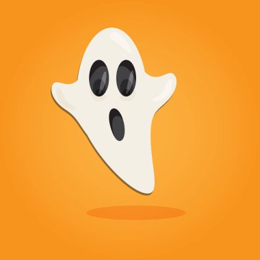 Cadılar Bayramı karikatür sanat düz tarzı. Turuncu arka plan, sevimli hayalet vektör çizim