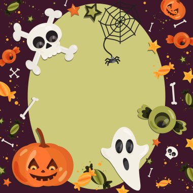 Cadılar Bayramı karikatür sanat düz tarzı. Arka plan, çerçeve ile sevimli hayalet, kabak, göz, kemik, kafatası, tatlı yeşil metin ve tasarım için. Vektör çizim