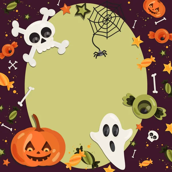 Cadılar Bayramı karikatür sanat düz tarzı. Arka plan, çerçeve ile sevimli hayalet, kabak, göz, kemik, kafatası, tatlı yeşil metin ve tasarım için. Vektör çizim
