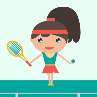 Sporcumuz genç tenisçi raket ve top tutan gülümseyerek. Neşeli kadın tenis oynamaya. Vektör düz tasarlamak. Yatay Düzen