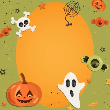 Cadılar Bayramı karikatür sanat düz tarzı. Arka plan, çerçeve ile sevimli hayalet, kabak, göz, kemik, kafatası, tatlı yeşil metin ve tasarım için. Şablon