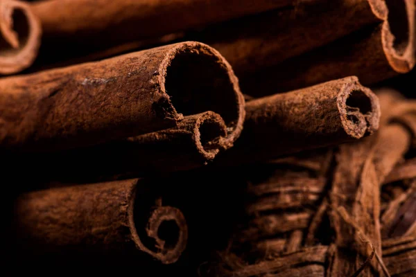 Ground cinnamon, cinnamon sticks, connected with a tray with a bow on a color background in a rustic style. Macro photo with selective focus. Close up food concept. Vintage toning. Retro style